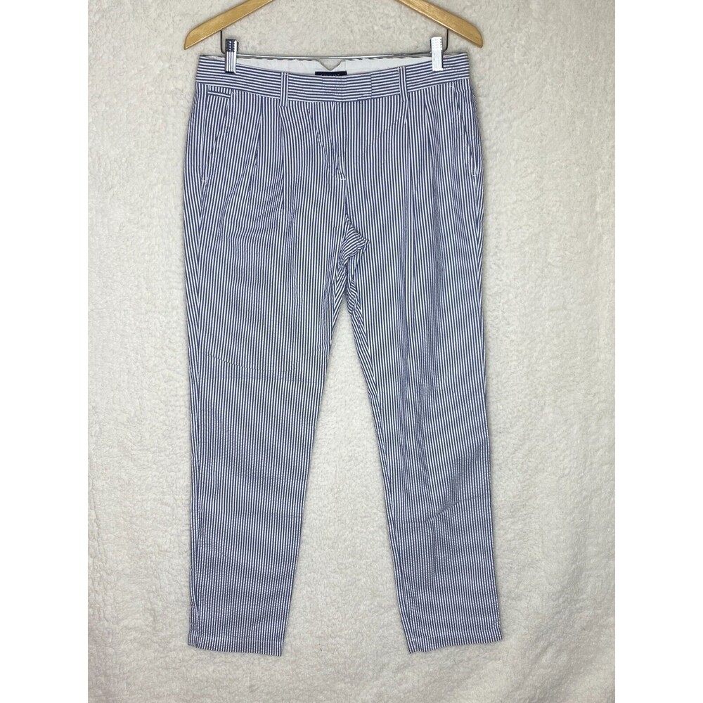 Lands End Seersucker Pants Women's Size 6 Slim Leg Pocket Blue / White Stripe